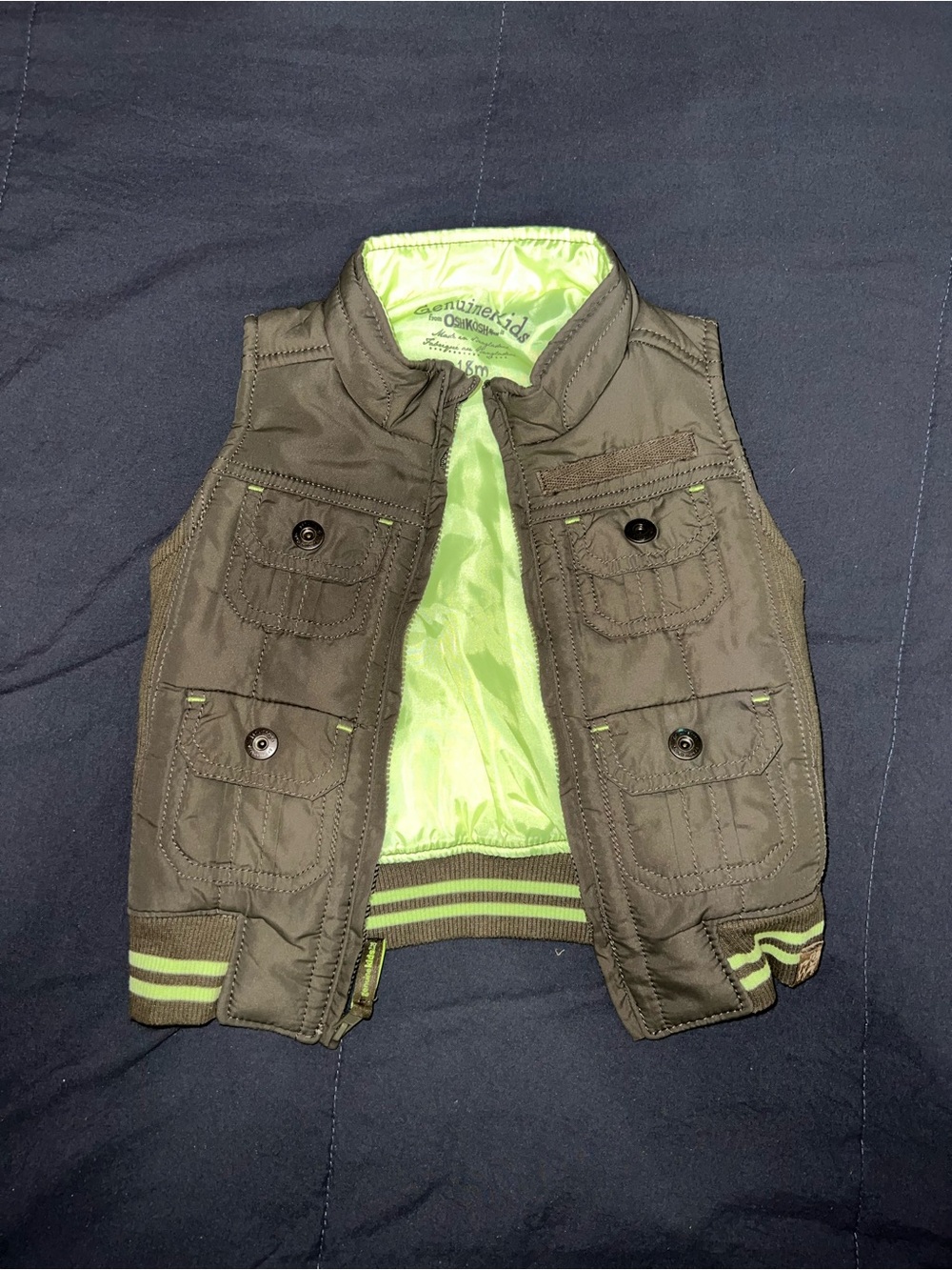 OshKosh B'gosh Olive Green Vest with Lime Green Lining